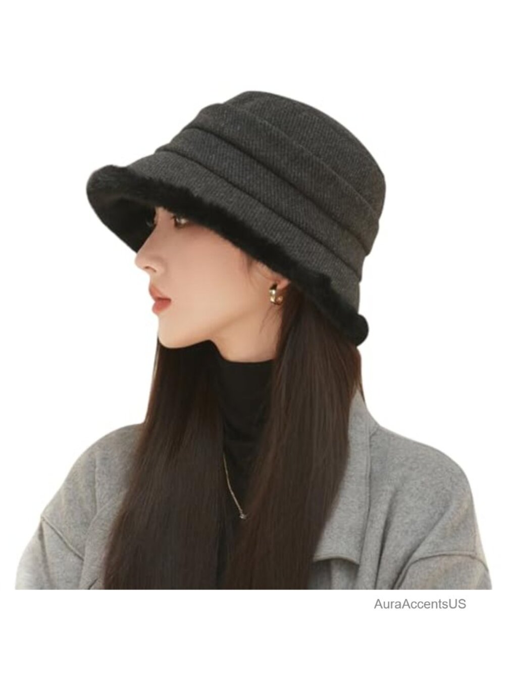 Fleece Lined Foldable Cloche Bucket Hat Faux Fur Trim Winter Church